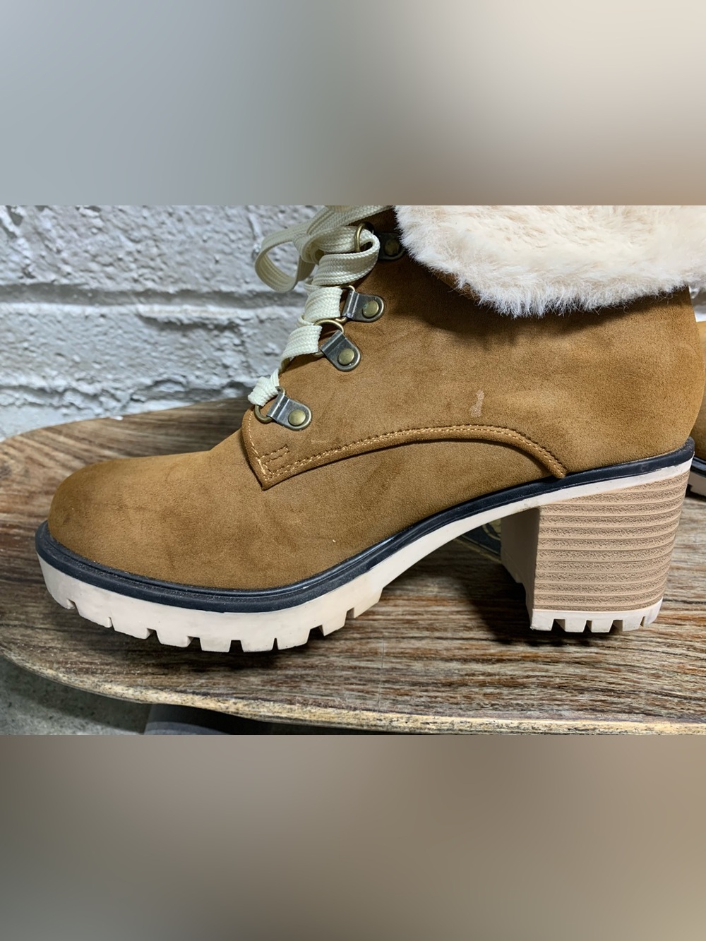 Women's Tan Faux-Suede Fur-Trim Lace-Up
Heeled Ankle Boot - SIZE 6 1/2 - Picture 8 of 16